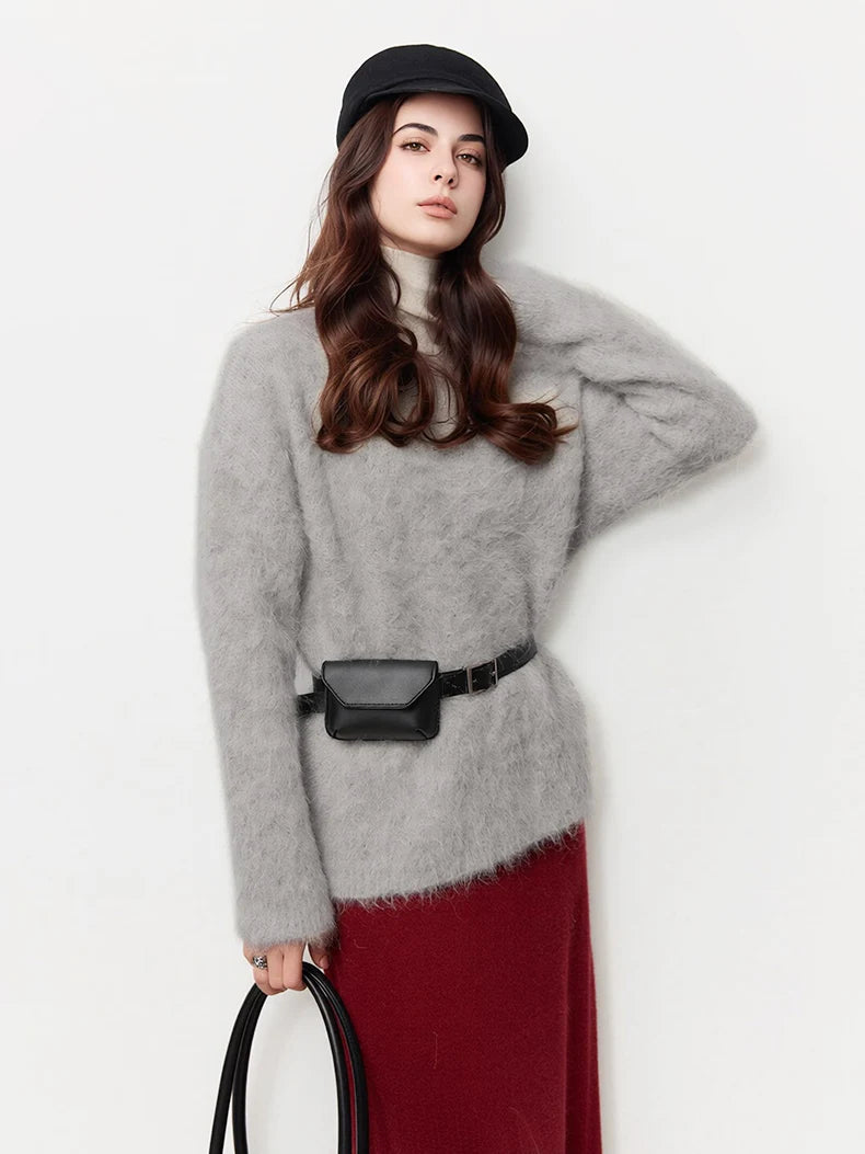 SuyaDream Warm Alpaca Pullovers for Woman, Dropped Sleeved Loose Sweaters, Brushed Wool Knit Sweater, 2026 Fall Winter Top